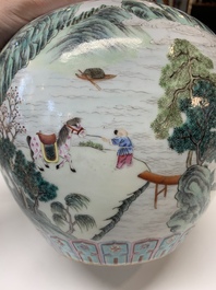 A Chinese famille rose 'fisherman, woodcutter, farmer and scholar 漁樵耕讀圖' vase, Shen De Tang 慎德堂 mark, 19/20th C.
