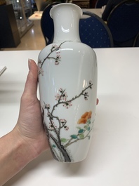 A pair of Chinese famille rose 'birds among flowering branches' vases, Ju Ren Tang 居仁堂製 mark, Republic