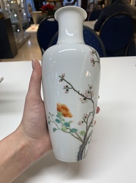 A pair of Chinese famille rose 'birds among flowering branches' vases, Ju Ren Tang 居仁堂製 mark, Republic