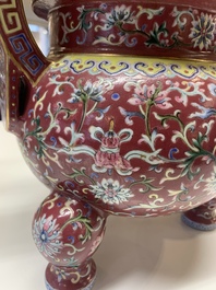 A Chinese famille rose 'bajixiang and lotus scroll' censer, Qianlong mark, 20th C.