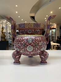 A Chinese famille rose 'bajixiang and lotus scroll' censer, Qianlong mark, 20th C.