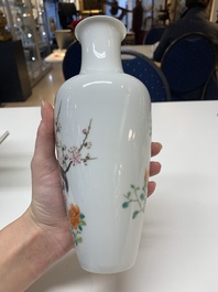 A pair of Chinese famille rose 'birds among flowering branches' vases, Ju Ren Tang 居仁堂製 mark, Republic