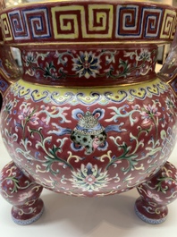 A Chinese famille rose 'bajixiang and lotus scroll' censer, Qianlong mark, 20th C.