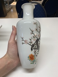 A pair of Chinese famille rose 'birds among flowering branches' vases, Ju Ren Tang 居仁堂製 mark, Republic
