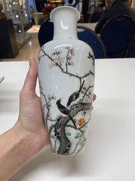 A pair of Chinese famille rose 'birds among flowering branches' vases, Ju Ren Tang 居仁堂製 mark, Republic