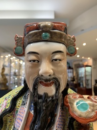 A large Chinese famille rose figure of the star god Lu, Wu Yongmao 吴永茂 seal mark, Republic