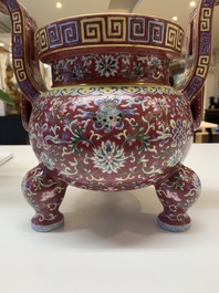 A Chinese famille rose 'bajixiang and lotus scroll' censer, Qianlong mark, 20th C.