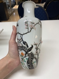 A pair of Chinese famille rose 'birds among flowering branches' vases, Ju Ren Tang 居仁堂製 mark, Republic