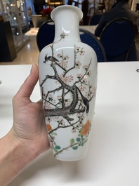 A pair of Chinese famille rose 'birds among flowering branches' vases, Ju Ren Tang 居仁堂製 mark, Republic
