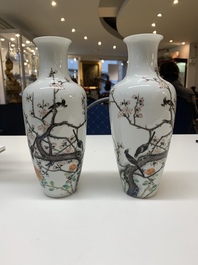 A pair of Chinese famille rose 'birds among flowering branches' vases, Ju Ren Tang 居仁堂製 mark, Republic