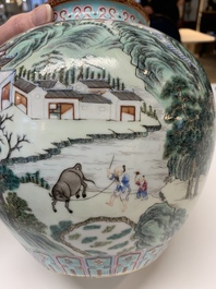A Chinese famille rose 'fisherman, woodcutter, farmer and scholar 漁樵耕讀圖' vase, Shen De Tang 慎德堂 mark, 19/20th C.