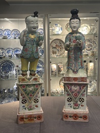 A pair of large Chinese famille rose figures on stands, Qianlong