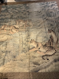 A Japanese embroidered silk with six tigers in the bamboo forest, 應舉 mark, Meiji, 19th C.