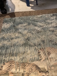 A Japanese embroidered silk with six tigers in the bamboo forest, 應舉 mark, Meiji, 19th C.