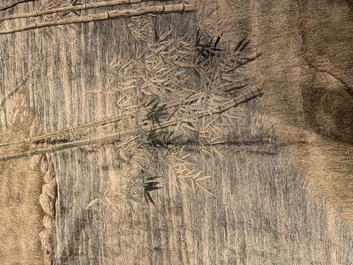 A Japanese embroidered silk with six tigers in the bamboo forest, 應舉 mark, Meiji, 19th C.