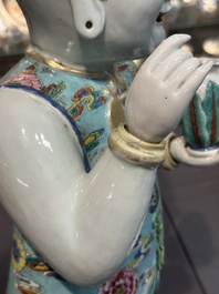 A pair of large Chinese famille rose figures on stands, Qianlong