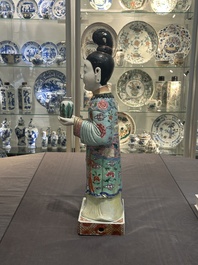 A pair of large Chinese famille rose figures on stands, Qianlong