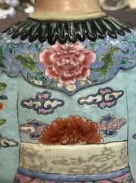 A pair of large Chinese famille rose figures on stands, Qianlong