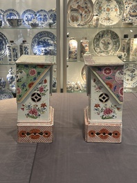 A pair of large Chinese famille rose figures on stands, Qianlong