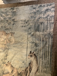 A Japanese embroidered silk with six tigers in the bamboo forest, 應舉 mark, Meiji, 19th C.