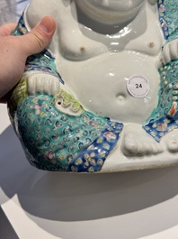 A Chinese famille rose turquoise-ground Milefo Buddha, Wan Tong Shun 萬同順 mark, Republic