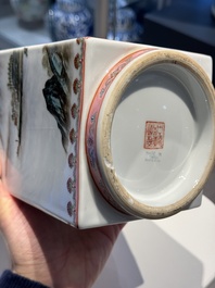 A Chinese famille rose 'cong' vase and a grisaille and iron-red-decorated brush pot, Jingdezhen mark, 20th C.