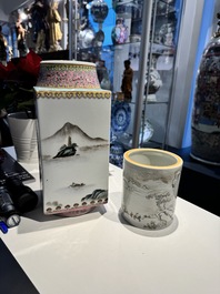A Chinese famille rose 'cong' vase and a grisaille and iron-red-decorated brush pot, Jingdezhen mark, 20th C.