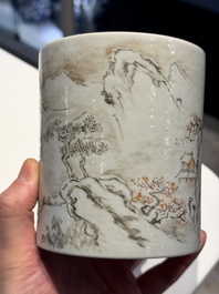 A Chinese famille rose 'cong' vase and a grisaille and iron-red-decorated brush pot, Jingdezhen mark, 20th C.