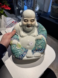 A Chinese famille rose turquoise-ground Milefo Buddha, Wan Tong Shun 萬同順 mark, Republic
