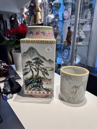 A Chinese famille rose 'cong' vase and a grisaille and iron-red-decorated brush pot, Jingdezhen mark, 20th C.