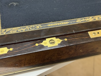 A burlwood- and rosewood veneered travel writing box, Pearce Maker 77 Cornhill London, dated 31st Dec. 1859