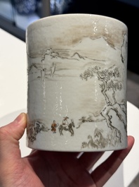 A Chinese famille rose 'cong' vase and a grisaille and iron-red-decorated brush pot, Jingdezhen mark, 20th C.
