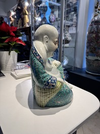 A Chinese famille rose turquoise-ground Milefo Buddha, Wan Tong Shun 萬同順 mark, Republic