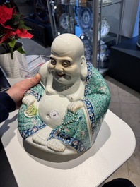 A Chinese famille rose turquoise-ground Milefo Buddha, Wan Tong Shun 萬同順 mark, Republic