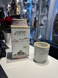 A Chinese famille rose 'cong' vase and a grisaille and iron-red-decorated brush pot, Jingdezhen mark, 20th C.