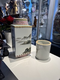 A Chinese famille rose 'cong' vase and a grisaille and iron-red-decorated brush pot, Jingdezhen mark, 20th C.