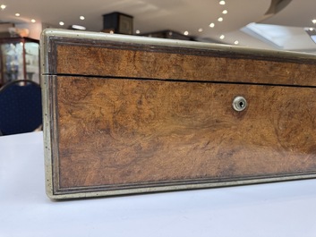 A burlwood- and rosewood veneered travel writing box, Pearce Maker 77 Cornhill London, dated 31st Dec. 1859