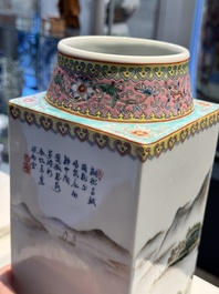 A Chinese famille rose 'cong' vase and a grisaille and iron-red-decorated brush pot, Jingdezhen mark, 20th C.
