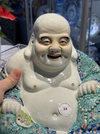 A Chinese famille rose turquoise-ground Milefo Buddha, Wan Tong Shun 萬同順 mark, Republic