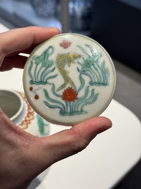 A Chinese doucai 'lotus pond with carps' jar and cover, tian 天 mark, 19/20th C.