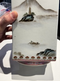 A Chinese famille rose 'cong' vase and a grisaille and iron-red-decorated brush pot, Jingdezhen mark, 20th C.