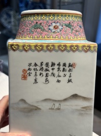 A Chinese famille rose 'cong' vase and a grisaille and iron-red-decorated brush pot, Jingdezhen mark, 20th C.