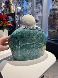 A Chinese famille rose turquoise-ground Milefo Buddha, Wan Tong Shun 萬同順 mark, Republic