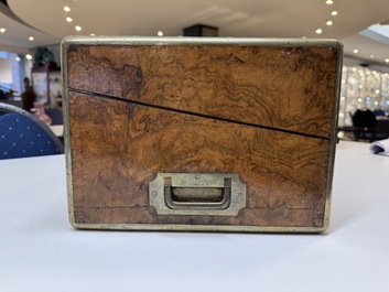 A burlwood- and rosewood veneered travel writing box, Pearce Maker 77 Cornhill London, dated 31st Dec. 1859