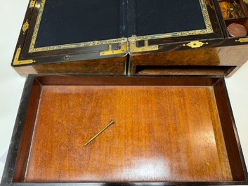 A burlwood- and rosewood veneered travel writing box, Pearce Maker 77 Cornhill London, dated 31st Dec. 1859