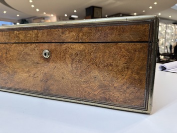 A burlwood- and rosewood veneered travel writing box, Pearce Maker 77 Cornhill London, dated 31st Dec. 1859