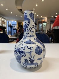 Three Chinese blue and white vases with antiquities, dragons and figures, 19th C.