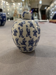 A Chinese wucai vase and seven blue and white jarlets, 19th C.
