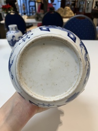 Three Chinese blue and white vases with antiquities, dragons and figures, 19th C.