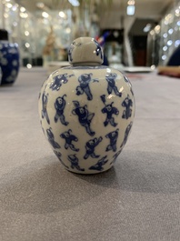 A Chinese wucai vase and seven blue and white jarlets, 19th C.